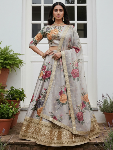 Awesome Gray Floral Printed Art Silk Lehenga Choli With Dupatta
